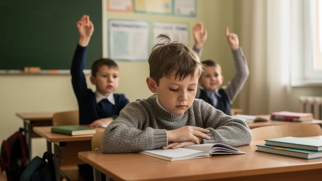 Мальчик за партой смотрит в тетрадь, за ним одноклассники тянут руки